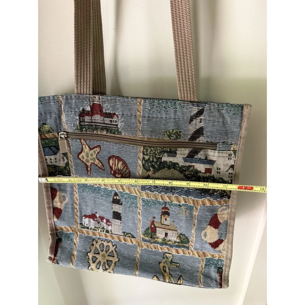 VTG Tapestry Tote Bag Nautical Lighthouse Costal Woven Shoulder Purse